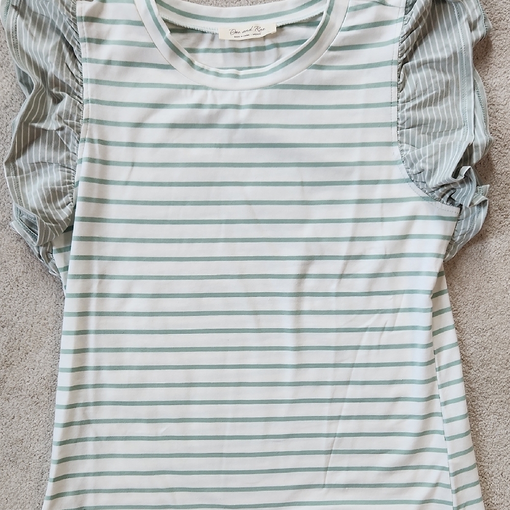Doe and Rae Ruffled Sleeve Light Green and Cream Striped Shirt - Medium